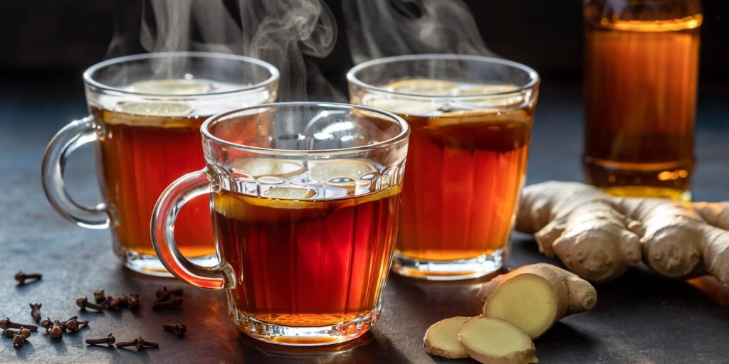 Three glass mugs of steaming maple rum hot toddies with sliced ginger