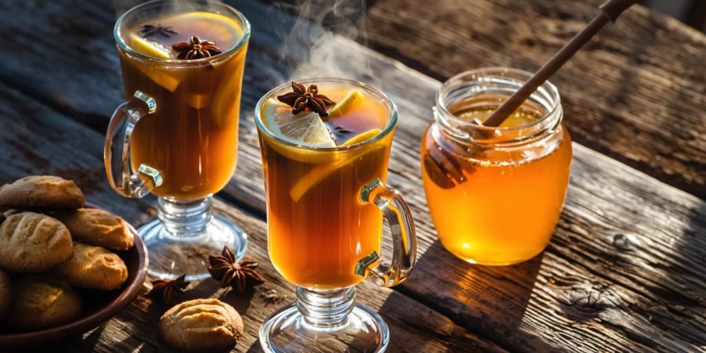 Two glass mugs of rum hot toddies with star anise and orange slices on a wooden table with a pot of honey and biscuits