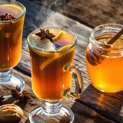 Two glass mugs of rum hot toddies with star anise and orange slices on a wooden table with a pot of honey and biscuits
