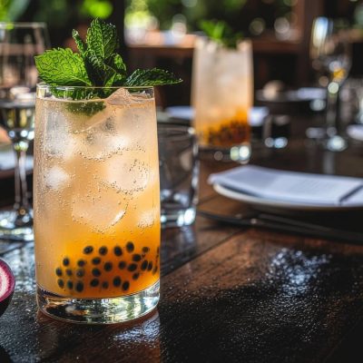A close-up of a Passionfruit Gin cocktail on a lunch table