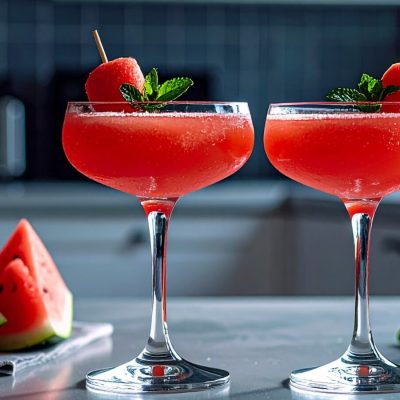 Two Tequila Watermelon cocktails in coupe glasses, with skewered melon ball and mint garnish
