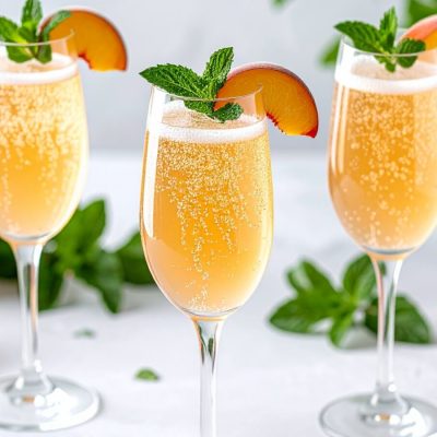 Three Blushing Bride cocktails served in Champagne flutes with peach and fresh mint garnish