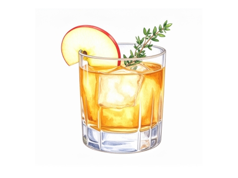 Classic color pencil illustration of a Bourbon Apple Cider cocktail
