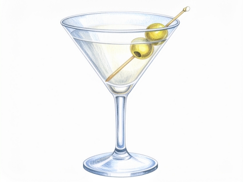 Classic color pencil illustration of a Dirty Martini cocktail