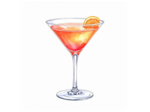 Classic color pencil illustration of a French Kiss Cocktail in a Martini glass, garnished with an orange slice