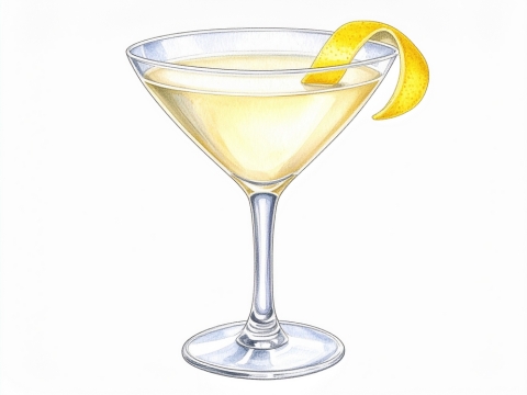 Classic color pencil illustration of a Gin Martini cocktail