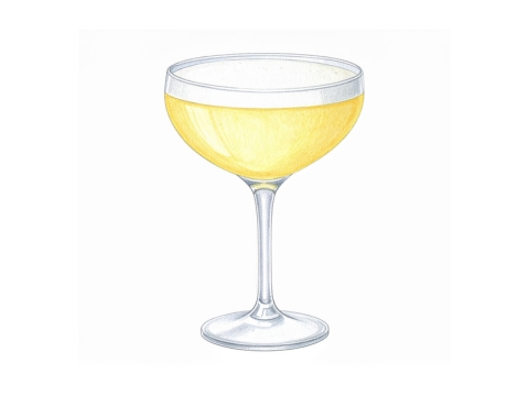 Color pencil illustration of a Bee's Knees cocktail in a round coupe glass
