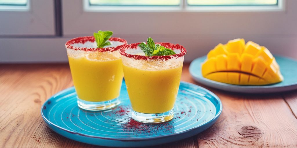 Two Frozen Mango Margarita cocktails with tajin rim and mint garnish, served on a blue platter