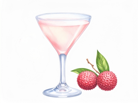 Classic color pencil illustration of a Lychee Martini cocktail