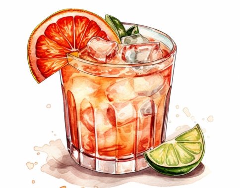 Classic color pencil illustration of a Paloma Cocktail