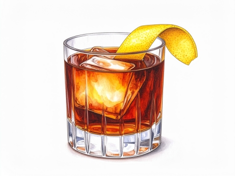 Classic color pencil illustration of a Sazerac cocktail