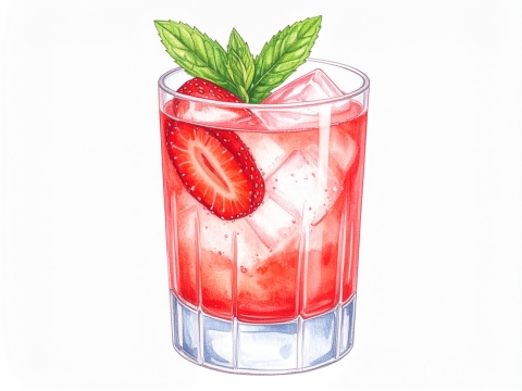 Classic color pencil illustration of a Strawberry Shrub cocktail