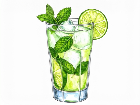 Classic color pencil illustration of a Virgin Mojito cocktail