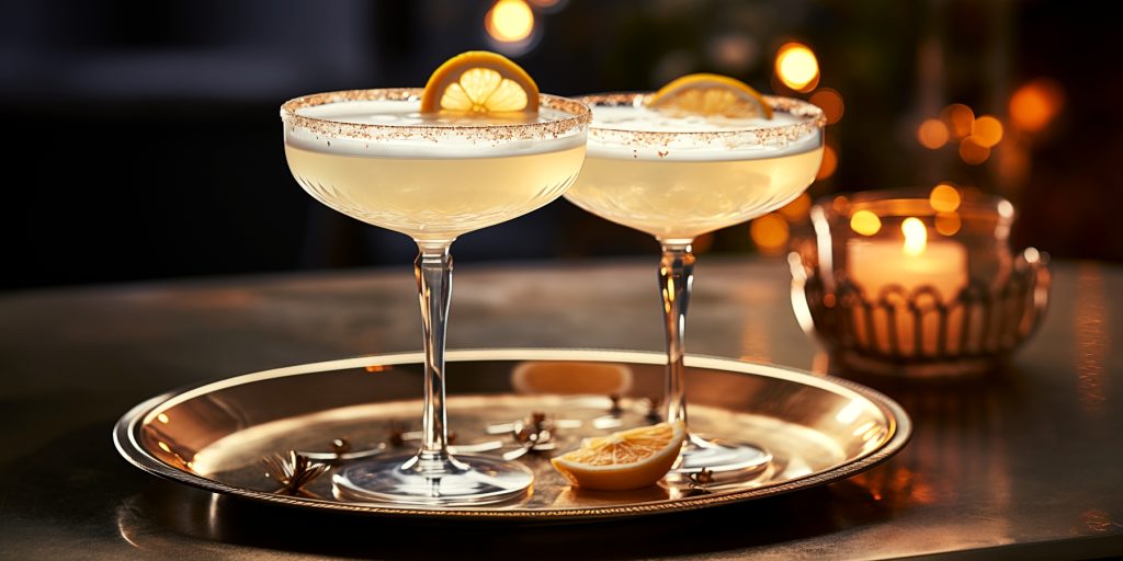 Two White Lady Christmas gin cocktails with lemon garnish
