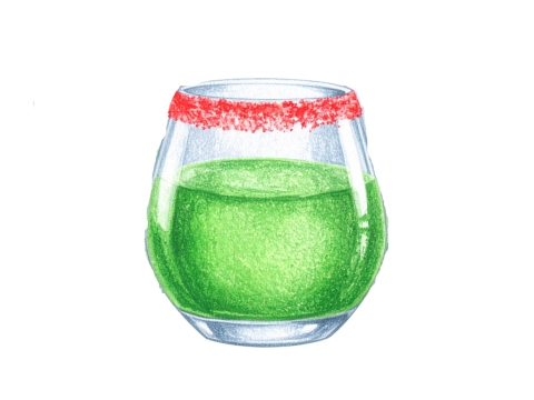 Color illustration of a Grinch cocktail with a red sugar rim