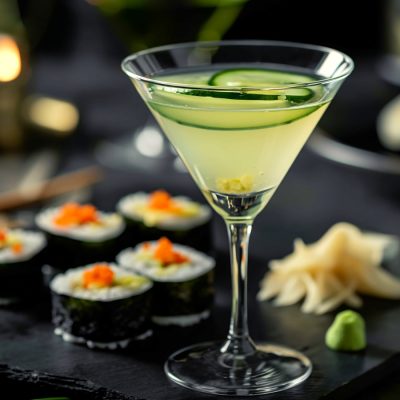 A Cucumber and Wasabi Martini served with a plate of sushi