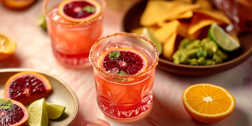 Two Spicy Habanero Blood Orange Margaritas served with a plate of nachos and guacamole