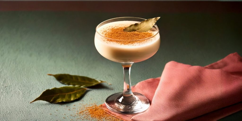 The Everest cocktail served in a coupe glass with a creamy texture, dusted with spice and garnished with a bay leaf, set against a soft green surface with pink fabric and bay leaves.