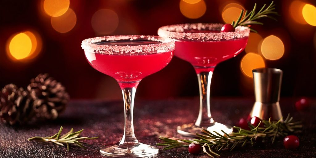 Two vibrant pink Mistletoe Martinis with rosemary and cranberry garnish