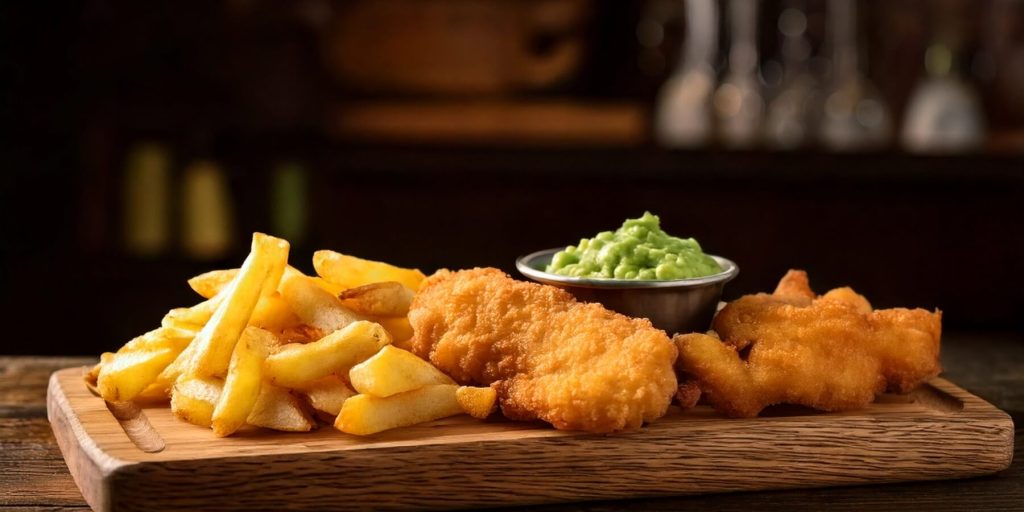 Close-up of traditional British fish and chips served with a bowl of green mushy peas