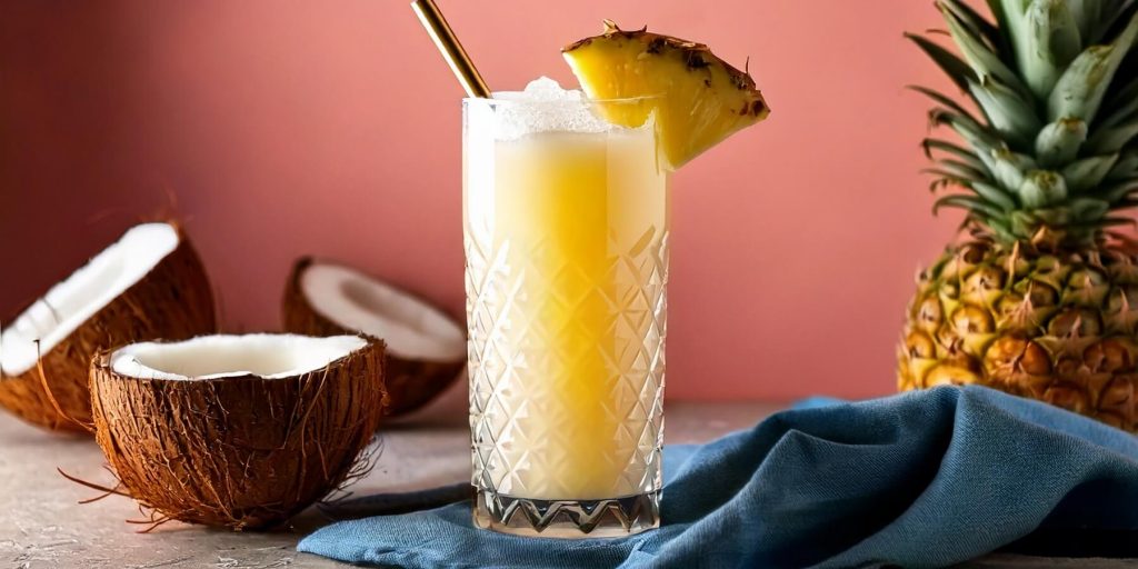 Close-up of a Painkiller cocktail with pineapple garnish, pink background, halved coconuts to the side