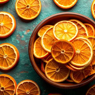 Top view of dried orange slices on a textured turquoise background