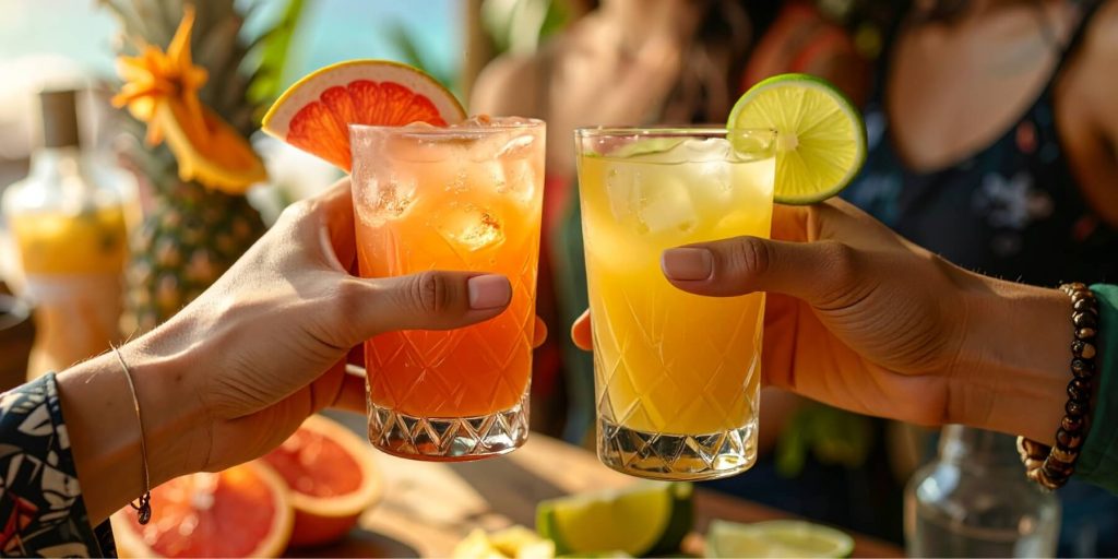 Close-up of two hands clinking together two different types of tequila and mixers