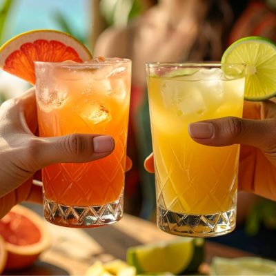 Close-up of two hands clinking together two different types of tequila and mixers