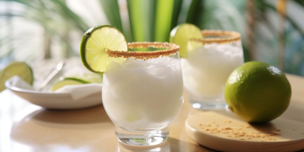 Two cocconut Margarita cocktaills rimmed with toasted coconut on a wooden table in a splash of summer sunlight