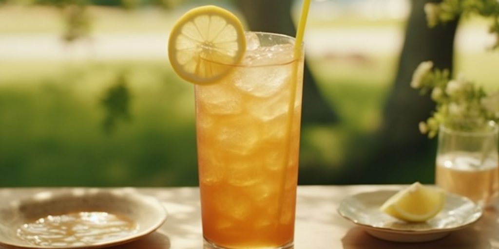 A gin and ginger beer cocktail on a table outside in a garden on a sunny day