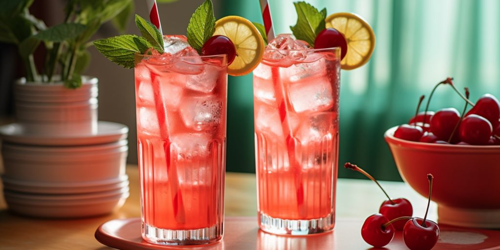 Two Shirley Temple Mocktails with cherry, lemon and mint garnish