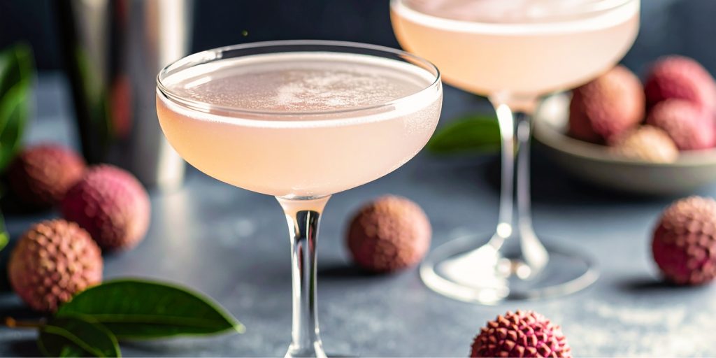 Two Lychee Martinis in coupe glasses with fresh lychees scattered around on the table