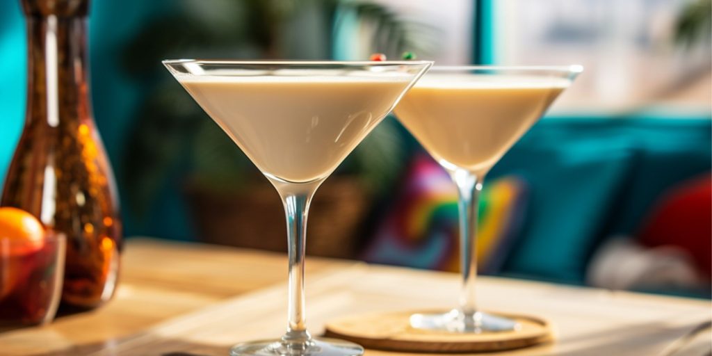 Two Banana Split Martini cocktails on a table in a light bright home kitchen