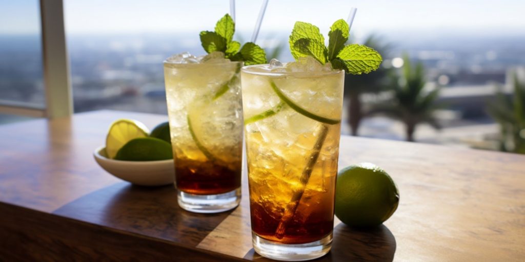 A Dark Rum Mojito garnished with lime slices and fresh mint leaves.