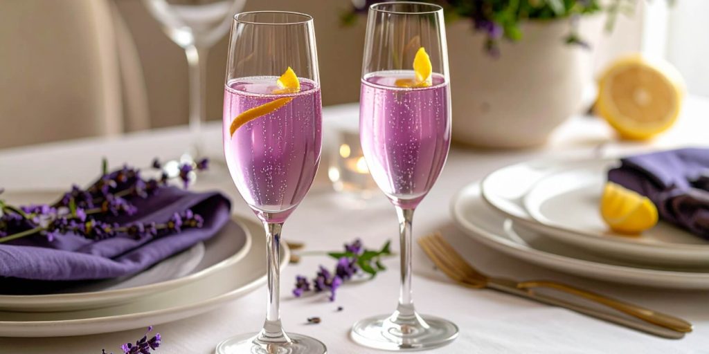 two Champagne glasses with violet cocktails and lemon twists on dining table