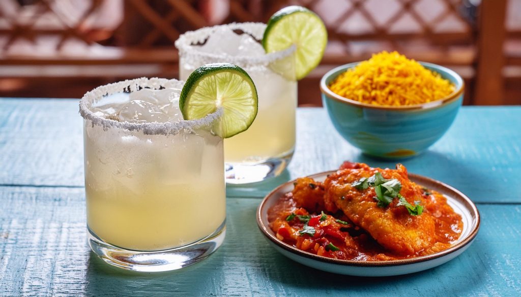 Two Tropical Spiced Rum Margaritas next to some bowls of summery snacks on a blue table in a home entertainment space