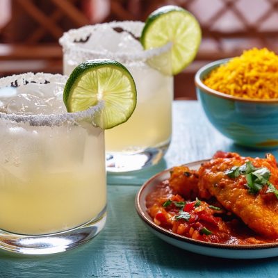 Two Tropical Spiced Rum Margaritas next to some bowls of summery snacks on a blue table in a home entertainment space