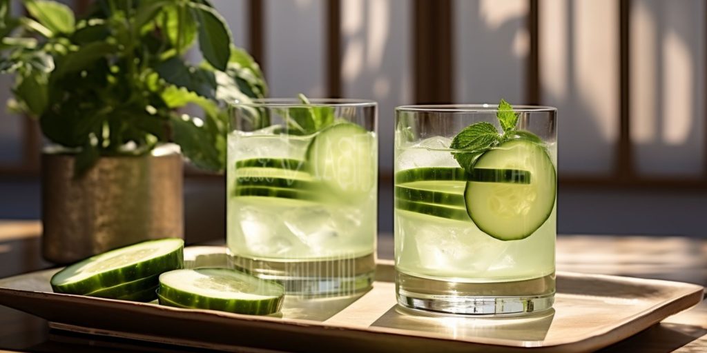 Editorial style image of two Clarified Cucumber Cleanse cocktails on a table in a light, bright minimalist courtyard in daytime