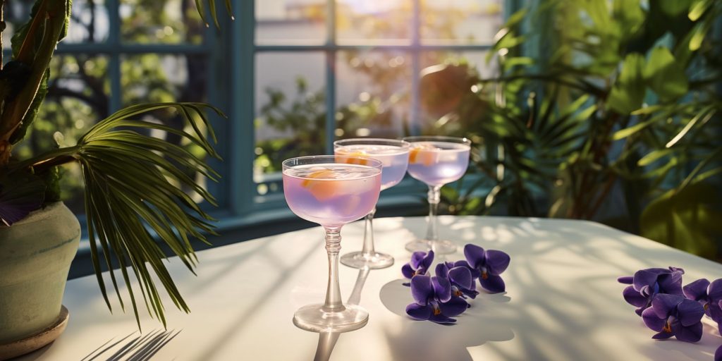 Three delectable violet-tinged craft cocktails on a table in a greenhouse on a sunny day, flanked by purple orchids