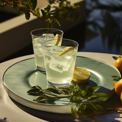 Editorial style image of two Clarified Margarita cocktails on a table in a light, bright minimalist courtyard in daytime