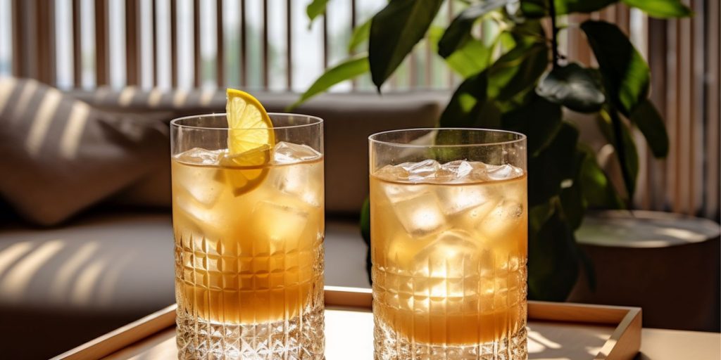 Editorial style image of two Sex Panther cocktails on a table in a light, bright minimalist home interior in natural shades with live plants as decoration 