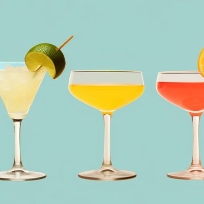 Colour illustration of a lineup of different types of Daquiris against a flat blue surface