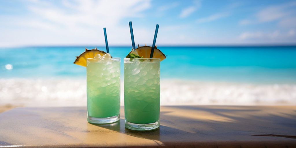 Editorial style image of two Blue Hawaiian Mocktails on a table overlooking the beach and the ocean