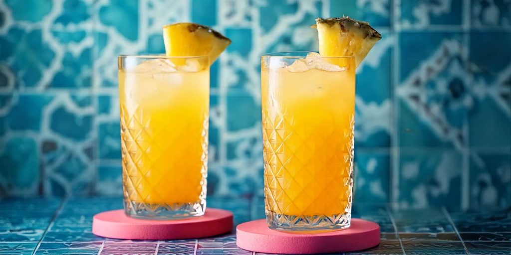 Two vibrant Desert Diablo Pineapple and Tequila cocktails against a pale blue tiled background