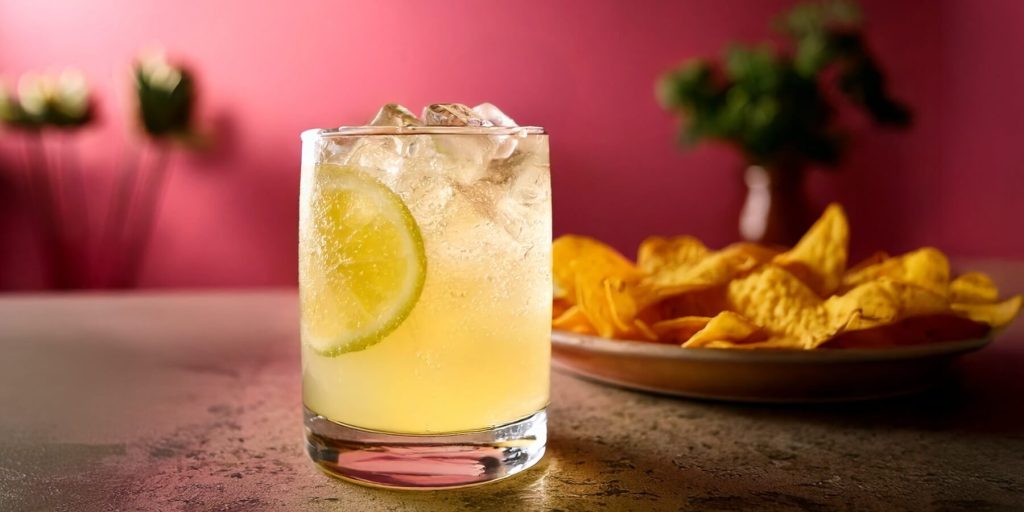 A close-up pf a Tequila Pineapple Punch cocktails served with a bowl of nachos