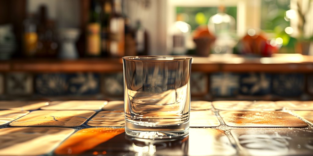An empty rocks glass on a kitchen counter