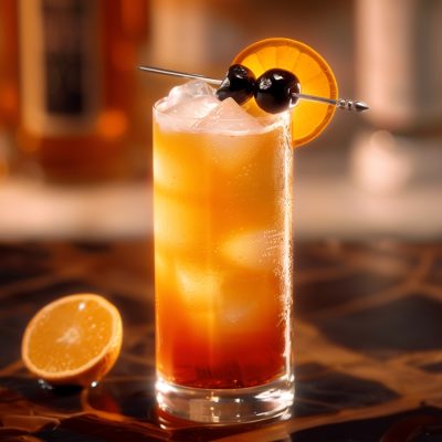 A Grand Marnier Singapore Sling cocktail with cherry and orange garnish