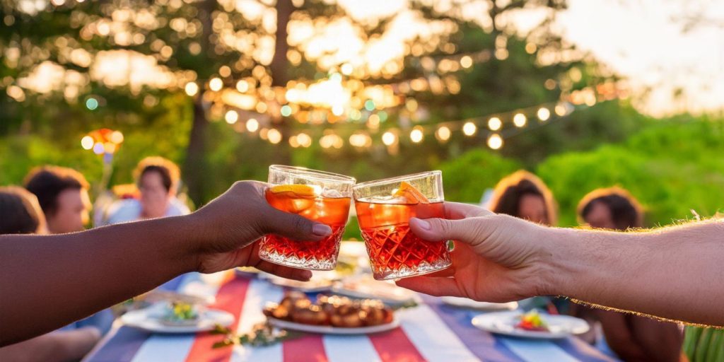Two friends clinking Negroni cocktails at a Memorial Day picnic with a vibrant crowd in the background at dusk
