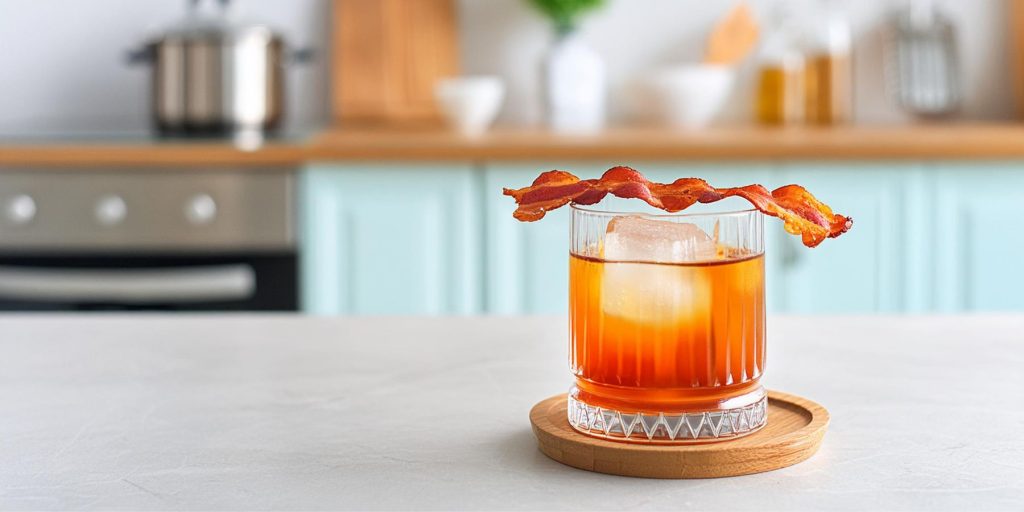 Close up of an Old Fahioned cocktail garnished with a piece of crispy bacon over the top of the glass