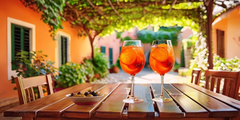 Two Aperol gin cocktails and a bowl of olives on a wooden table under a vine trellis in a courtyard on a sunny day